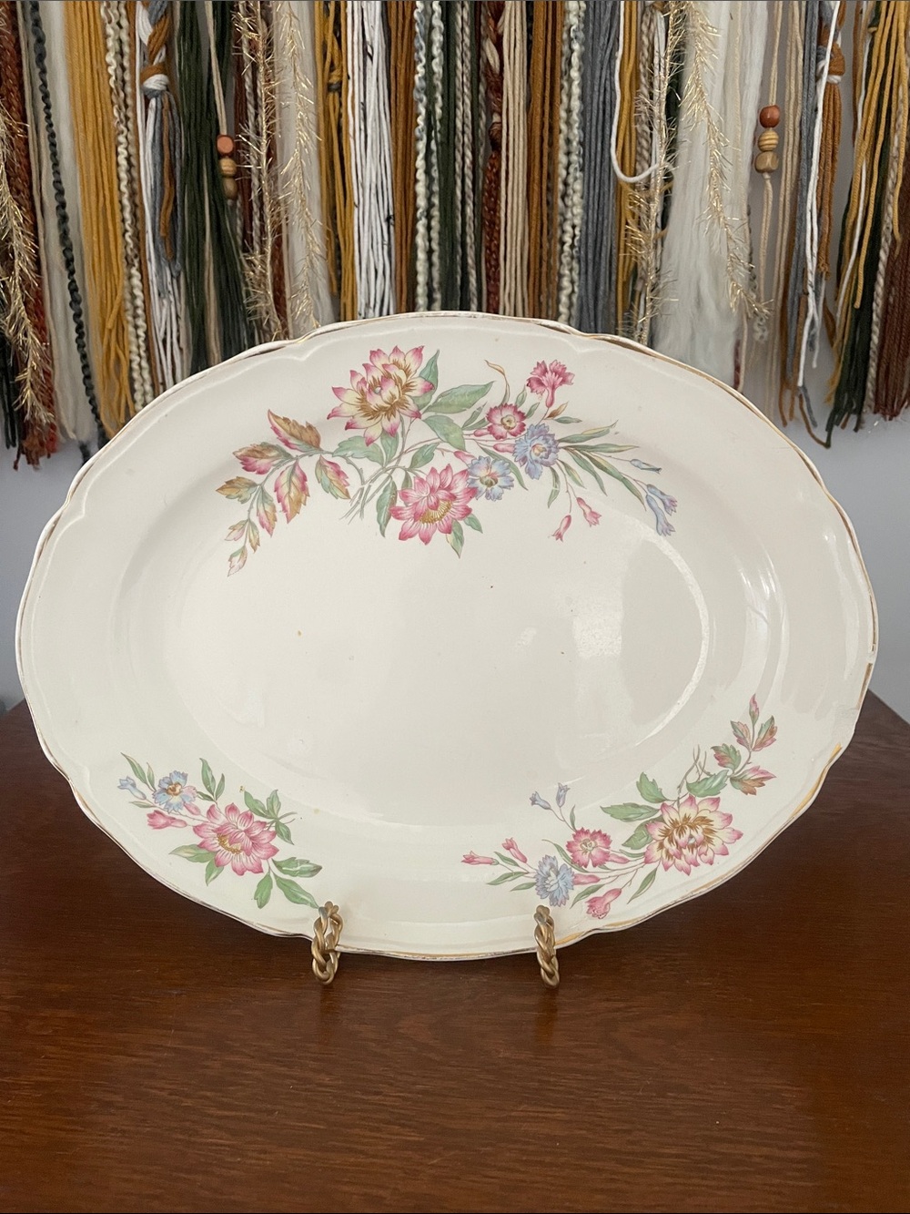 Floral Porcelain Serving Platter in Cream with Pink Accents